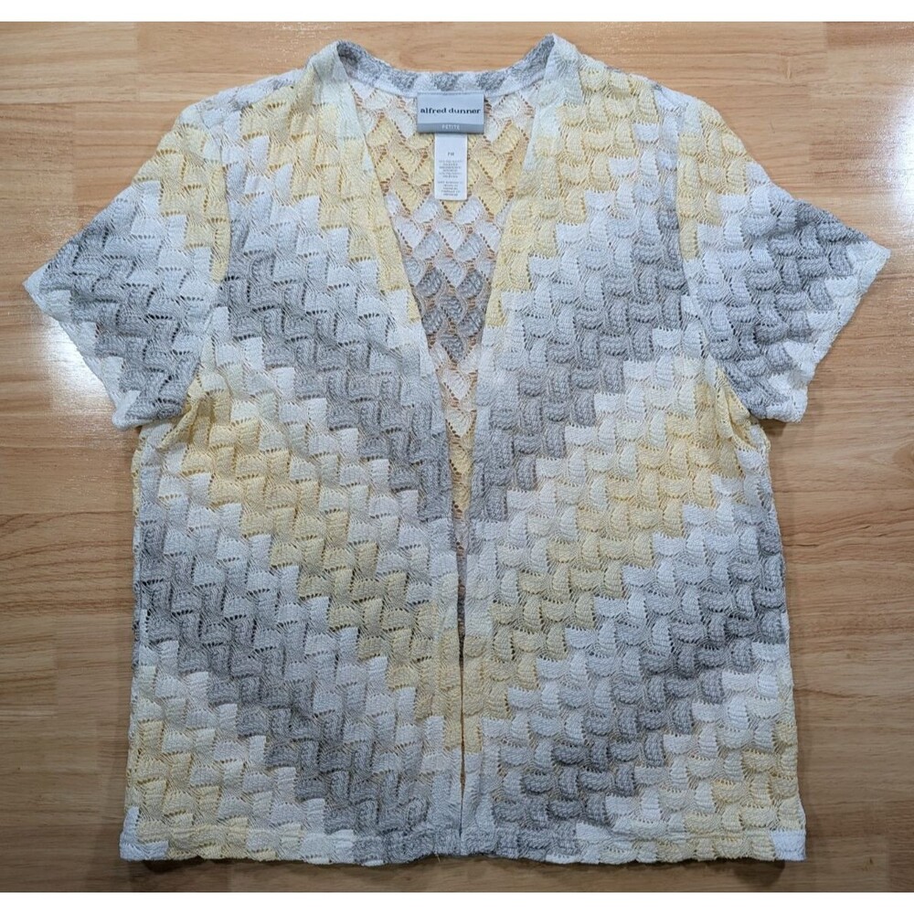 Alfred Dunner Petite Medium Open Front Lace Knit Cardigan Yellow Gray White PM